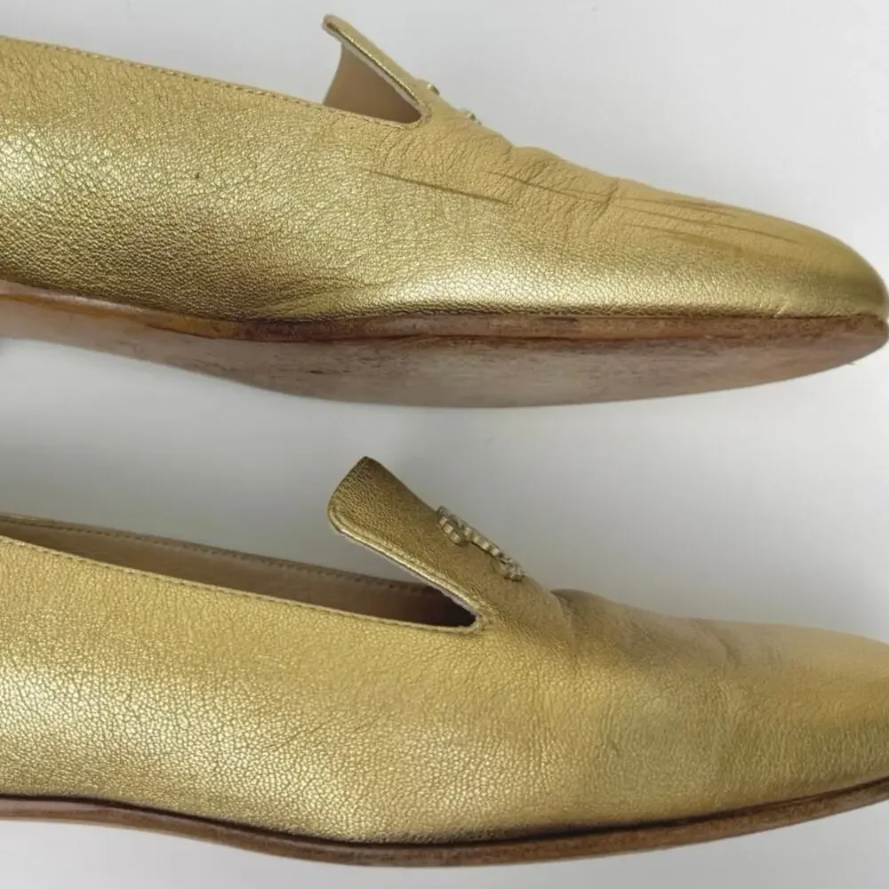 Chanel Metallic Gold Leather CC Embellished Loafers Flats Size 38 Authentic